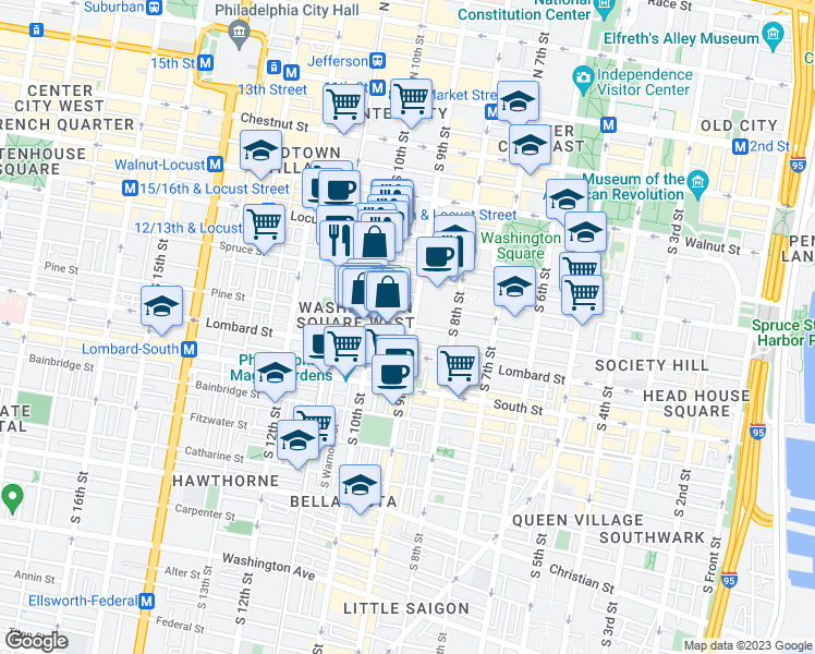 map of restaurants, bars, coffee shops, grocery stores, and more near 902 Pine Street in Philadelphia