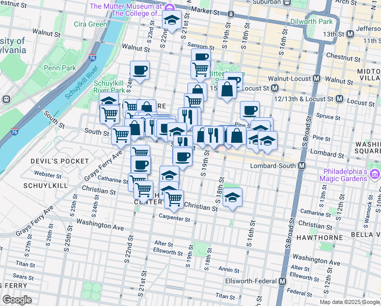 map of restaurants, bars, coffee shops, grocery stores, and more near 1943 Kater Street in Philadelphia