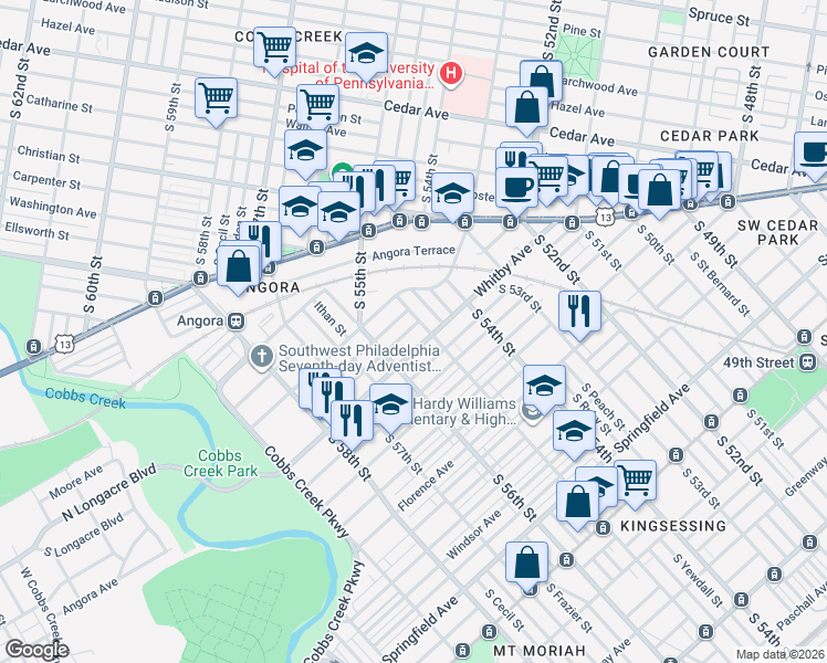 map of restaurants, bars, coffee shops, grocery stores, and more near 938 South Conestoga Street in Philadelphia