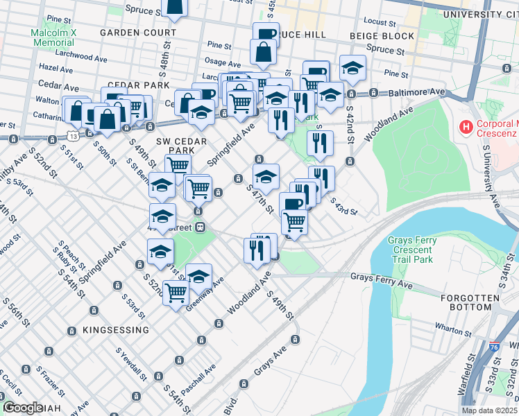 map of restaurants, bars, coffee shops, grocery stores, and more near 1128 South 47th Street in Philadelphia