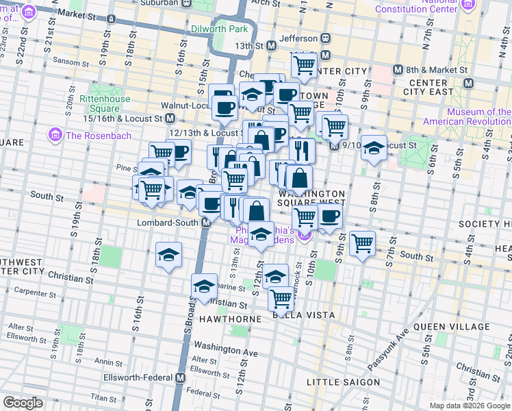 map of restaurants, bars, coffee shops, grocery stores, and more near 424 South Camac Street in Philadelphia