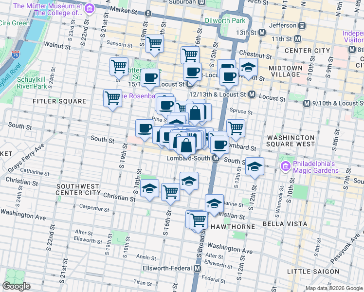 map of restaurants, bars, coffee shops, grocery stores, and more near 1523 Lombard Street in Philadelphia