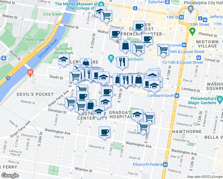 map of restaurants, bars, coffee shops, grocery stores, and more near 1943 Kater Street in Philadelphia