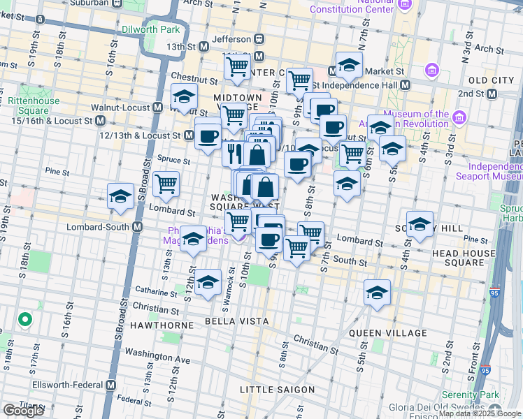 map of restaurants, bars, coffee shops, grocery stores, and more near 928 Pine Street in Philadelphia