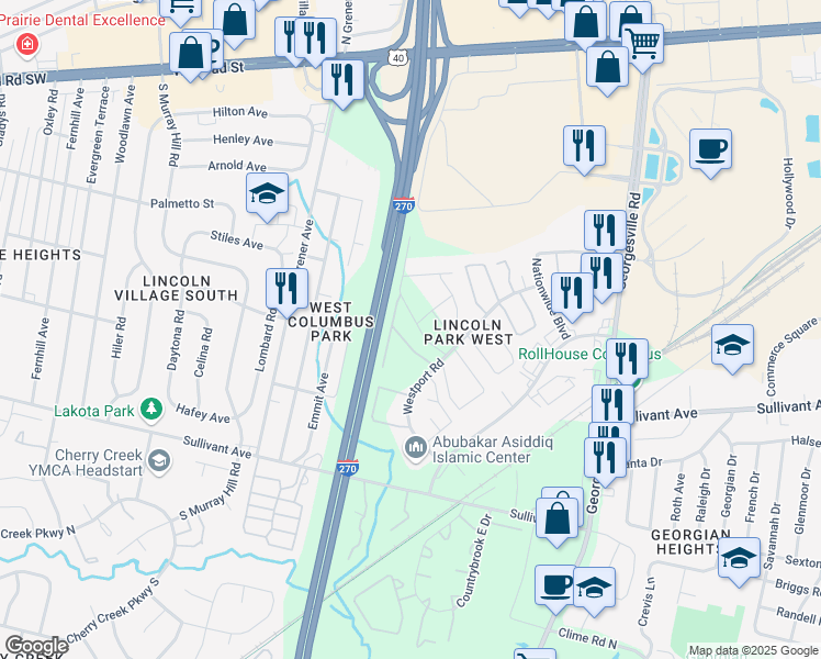 map of restaurants, bars, coffee shops, grocery stores, and more near 4436 Westport Road in Columbus