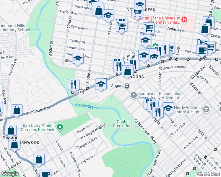 map of restaurants, bars, coffee shops, grocery stores, and more near 5861 Angora Terrace in Philadelphia