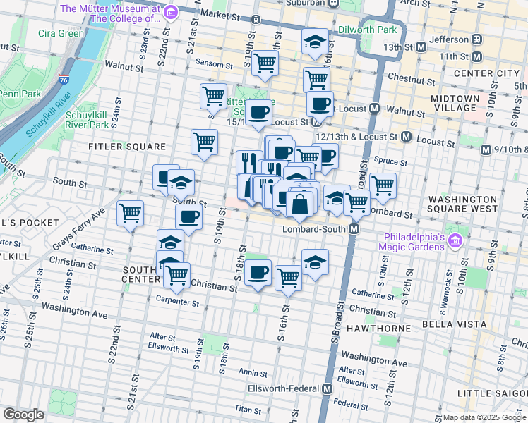 map of restaurants, bars, coffee shops, grocery stores, and more near 1742 Rodman Street in Philadelphia