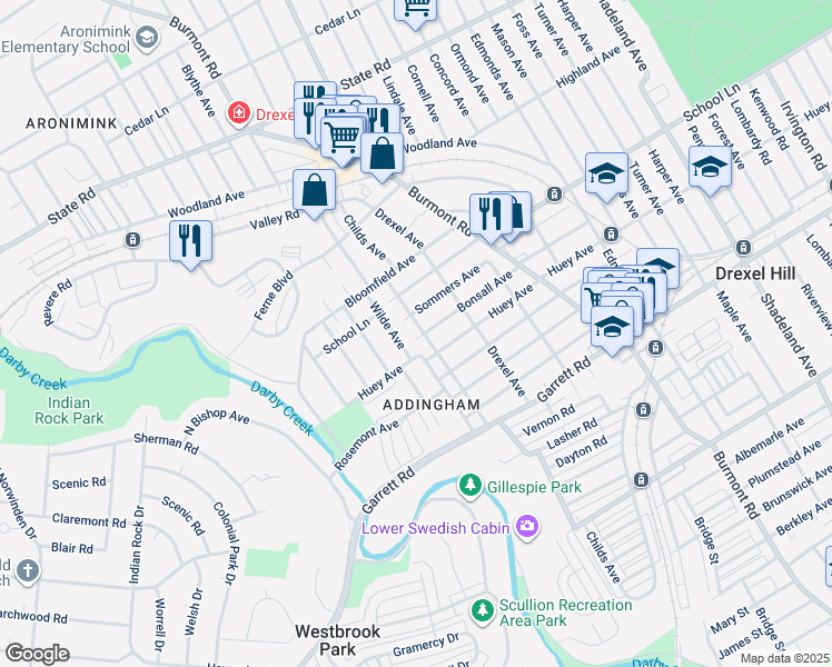 map of restaurants, bars, coffee shops, grocery stores, and more near 518 Childs Avenue in Drexel Hill