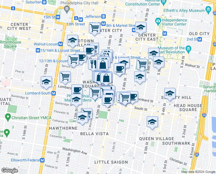 map of restaurants, bars, coffee shops, grocery stores, and more near 916 Pine Street in Philadelphia