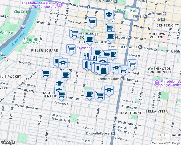 map of restaurants, bars, coffee shops, grocery stores, and more near 1725 South Street in Philadelphia