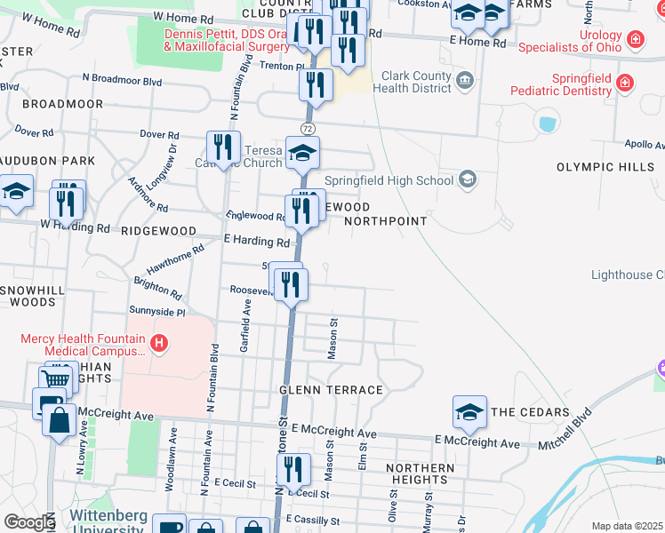 map of restaurants, bars, coffee shops, grocery stores, and more near 1696 N Limestone St in Springfield