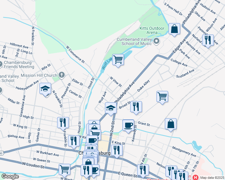 map of restaurants, bars, coffee shops, grocery stores, and more near 103 West Commerce Street in Chambersburg