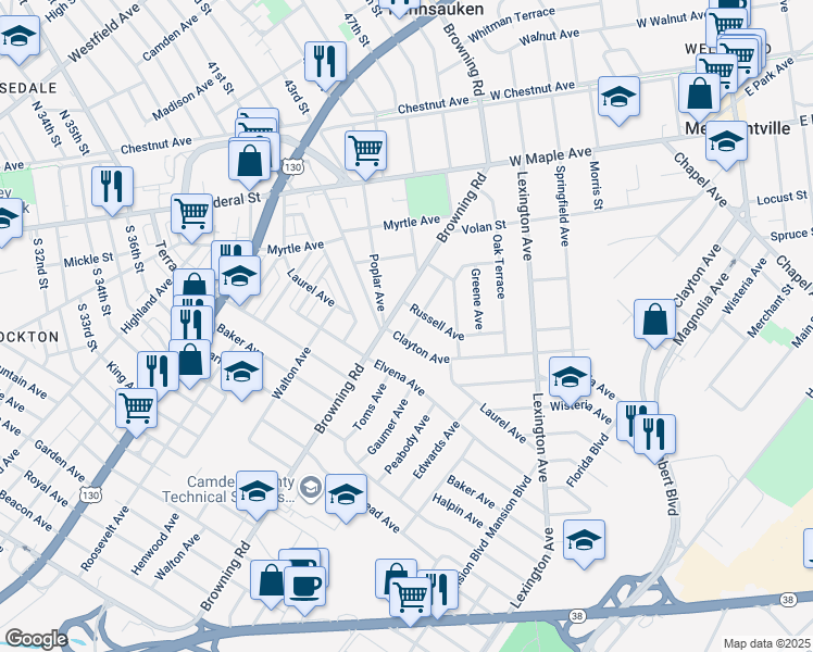 map of restaurants, bars, coffee shops, grocery stores, and more near 4825 Caroline Avenue in Pennsauken Township