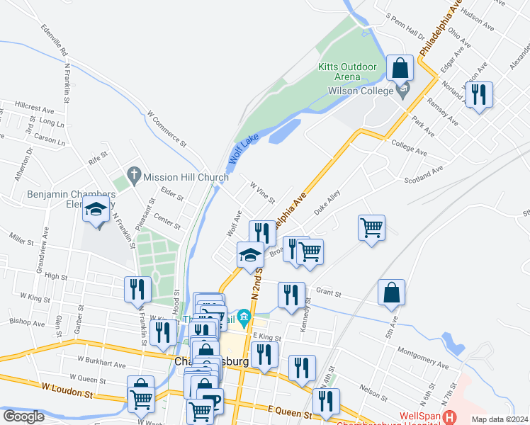 map of restaurants, bars, coffee shops, grocery stores, and more near 532 Poplar Avenue in Chambersburg