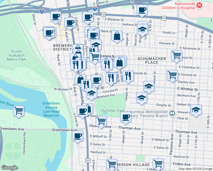 map of restaurants, bars, coffee shops, grocery stores, and more near 131 Lansing Street in Columbus