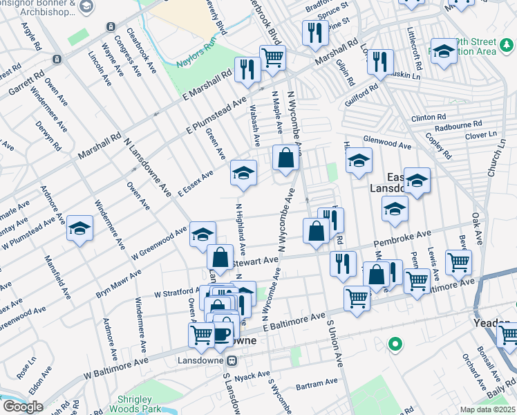 map of restaurants, bars, coffee shops, grocery stores, and more near 85 East Greenwood Avenue in Lansdowne