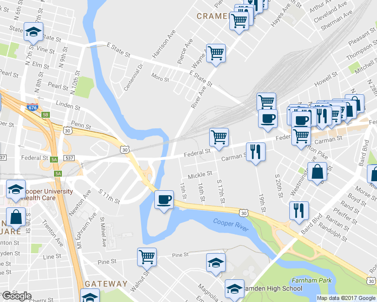 map of restaurants, bars, coffee shops, grocery stores, and more near 1525 Federal Street in Camden