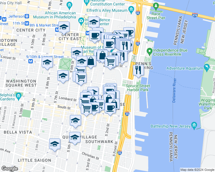 map of restaurants, bars, coffee shops, grocery stores, and more near 230 Locust Street in Philadelphia