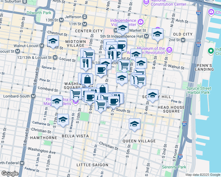 map of restaurants, bars, coffee shops, grocery stores, and more near in Philadelphia