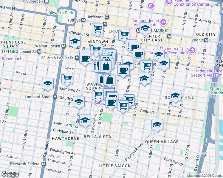 map of restaurants, bars, coffee shops, grocery stores, and more near 922 Clinton Street in Philadelphia