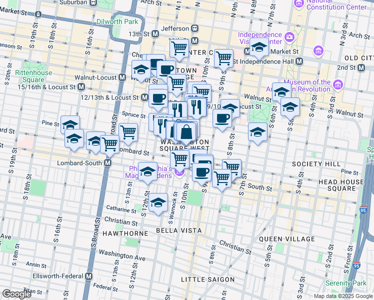map of restaurants, bars, coffee shops, grocery stores, and more near in Philadelphia