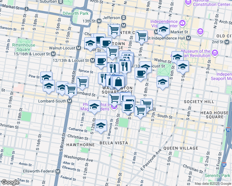 map of restaurants, bars, coffee shops, grocery stores, and more near 1021 Pine Street in Philadelphia