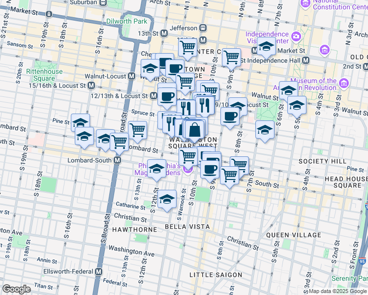 map of restaurants, bars, coffee shops, grocery stores, and more near 1021 Pine Street in Philadelphia