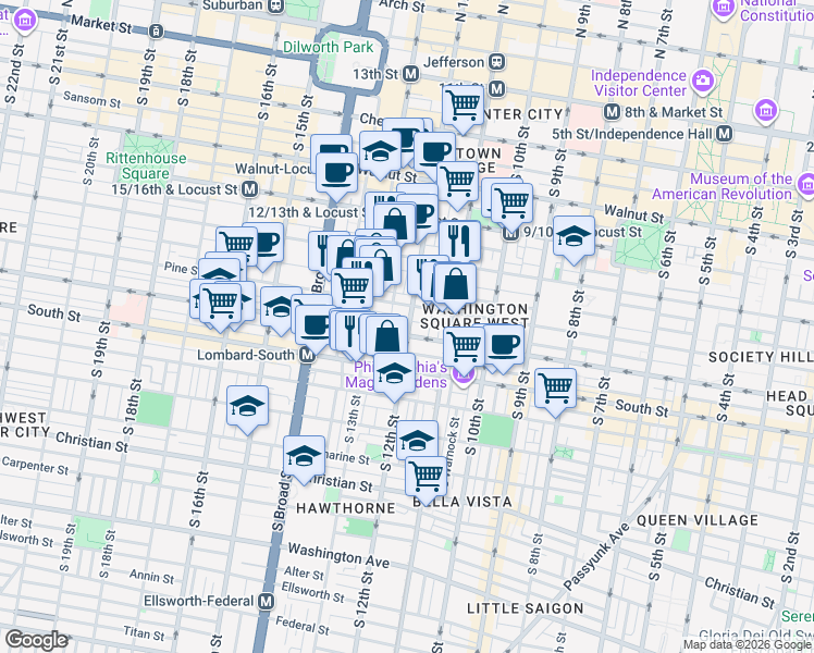 map of restaurants, bars, coffee shops, grocery stores, and more near 1214 Pine Street in Philadelphia