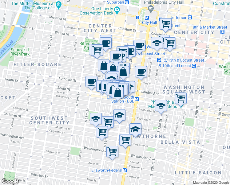 map of restaurants, bars, coffee shops, grocery stores, and more near 1523 Lombard Street in Philadelphia