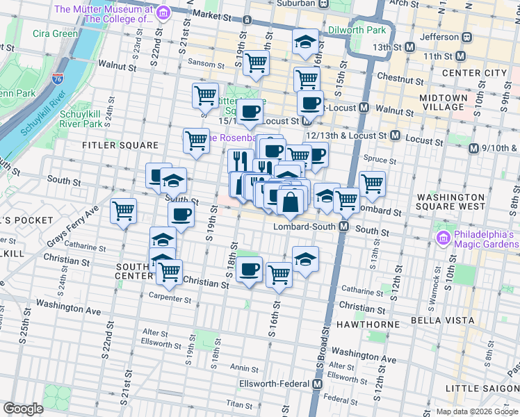 map of restaurants, bars, coffee shops, grocery stores, and more near in Philadelphia