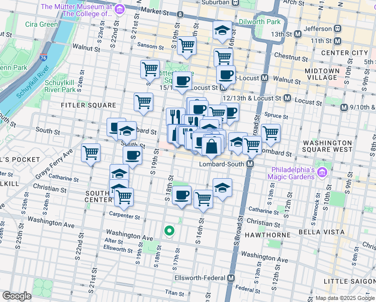 map of restaurants, bars, coffee shops, grocery stores, and more near in Philadelphia