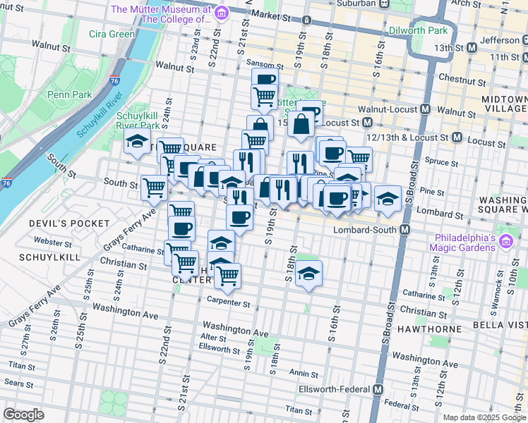 map of restaurants, bars, coffee shops, grocery stores, and more near in Philadelphia