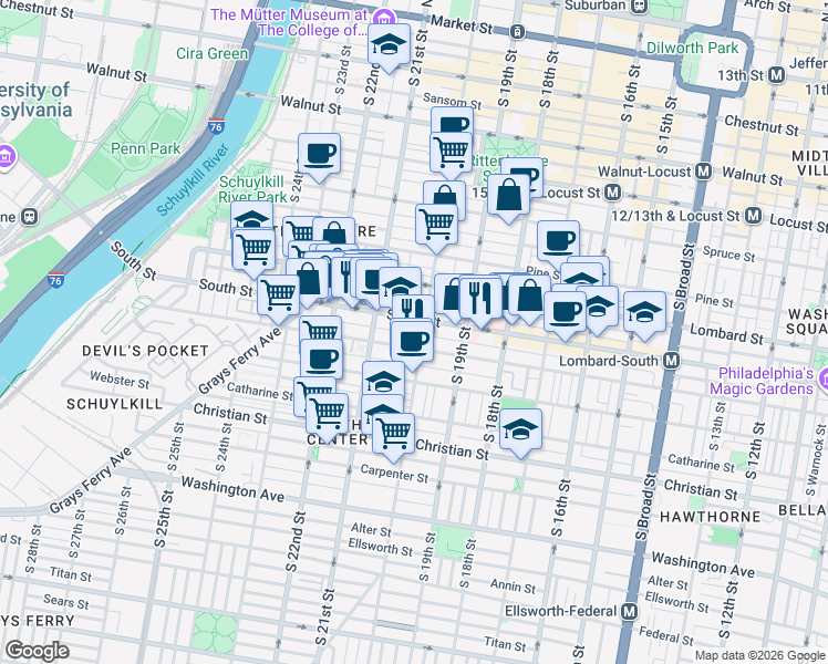map of restaurants, bars, coffee shops, grocery stores, and more near 2007a South Street in Philadelphia