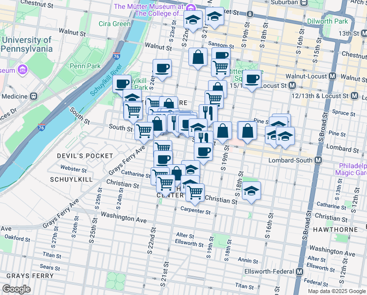 map of restaurants, bars, coffee shops, grocery stores, and more near 2112 South Street in Philadelphia