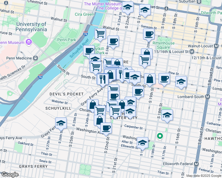 map of restaurants, bars, coffee shops, grocery stores, and more near 2235 Grays Ferry Avenue in Philadelphia