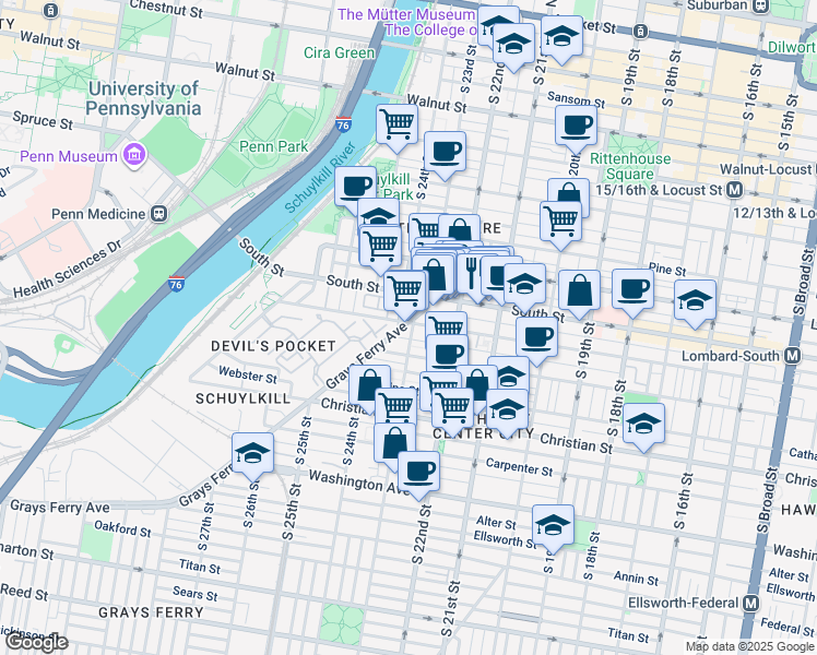 map of restaurants, bars, coffee shops, grocery stores, and more near 2235 Grays Ferry Avenue in Philadelphia