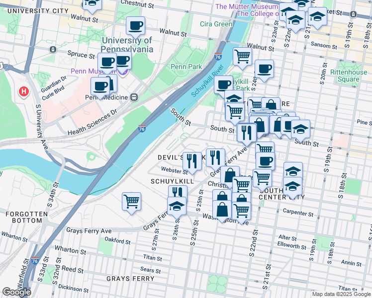 map of restaurants, bars, coffee shops, grocery stores, and more near 500 Regatta Drive in Philadelphia