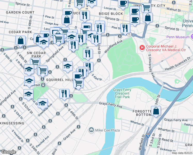 map of restaurants, bars, coffee shops, grocery stores, and more near 730 South 43rd Street in Philadelphia