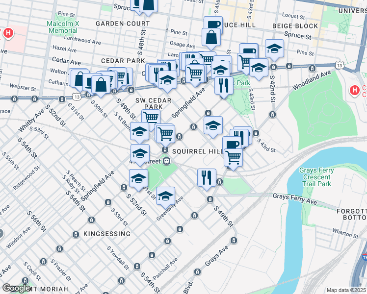 map of restaurants, bars, coffee shops, grocery stores, and more near 1115 South 48th Street in Philadelphia
