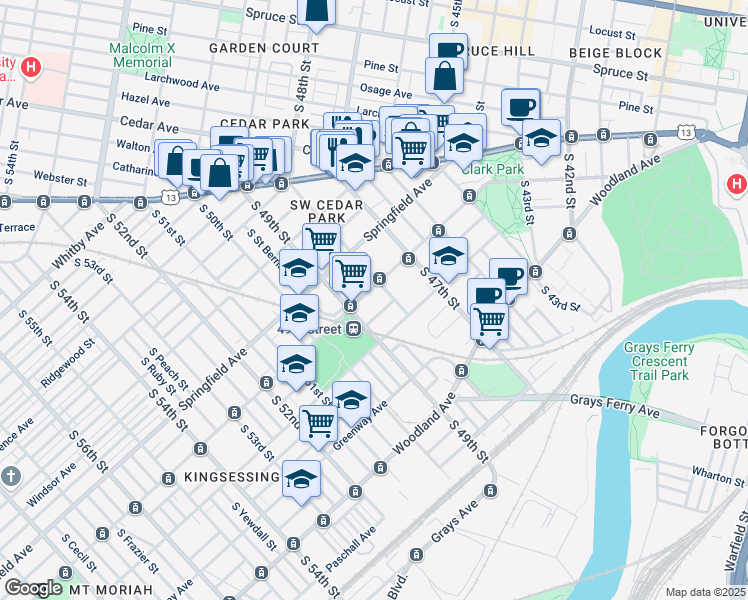 map of restaurants, bars, coffee shops, grocery stores, and more near 4823 Chester Avenue in Philadelphia