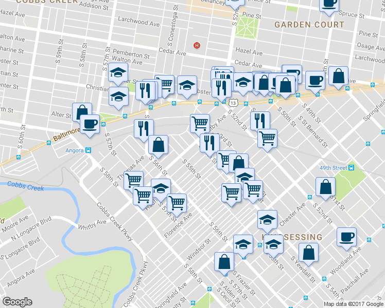 map of restaurants, bars, coffee shops, grocery stores, and more near 5402 Whitby Avenue in Philadelphia