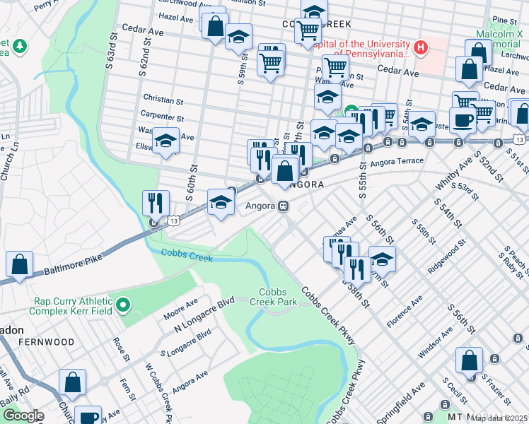 map of restaurants, bars, coffee shops, grocery stores, and more near 5810 Cedarhurst Street in Philadelphia