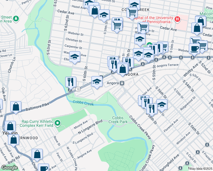 map of restaurants, bars, coffee shops, grocery stores, and more near 5853 Cedarhurst Street in Philadelphia