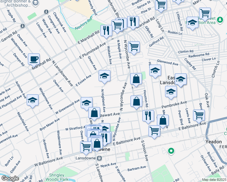 map of restaurants, bars, coffee shops, grocery stores, and more near 93 East Greenwood Avenue in Lansdowne