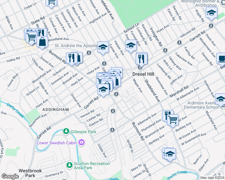 map of restaurants, bars, coffee shops, grocery stores, and more near 3708 Berry Avenue in Drexel Hill