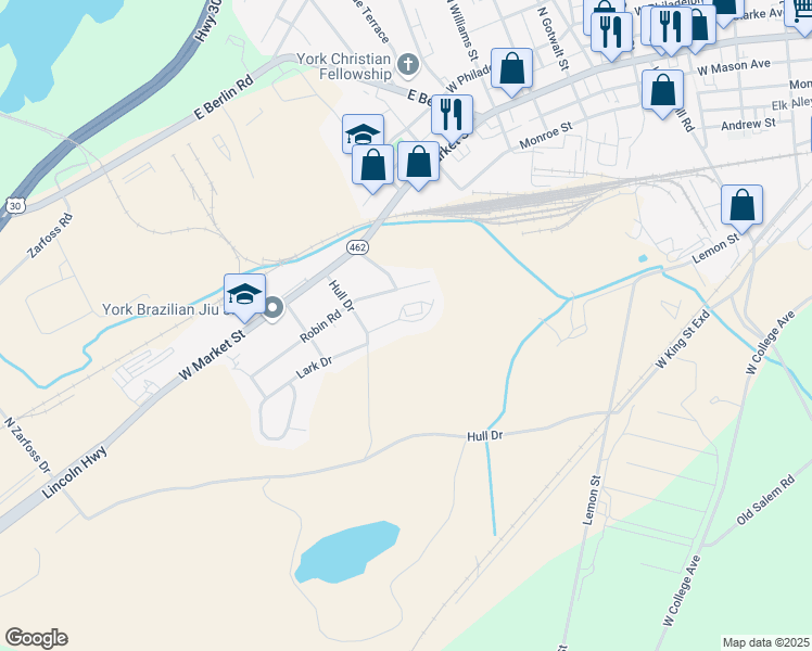 map of restaurants, bars, coffee shops, grocery stores, and more near 2916 Robin Road in York