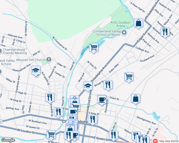 map of restaurants, bars, coffee shops, grocery stores, and more near 103 West Commerce Street in Chambersburg