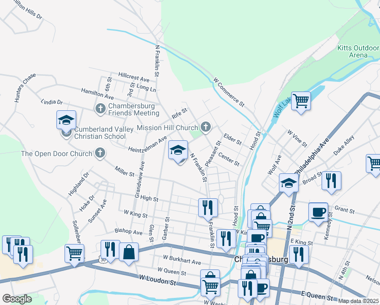 map of restaurants, bars, coffee shops, grocery stores, and more near 476 North Franklin Street in Chambersburg