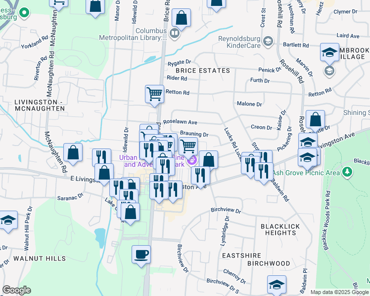 map of restaurants, bars, coffee shops, grocery stores, and more near 6298 Century City North in Reynoldsburg