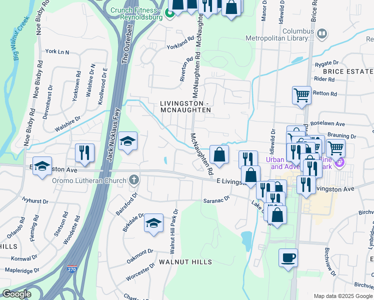 map of restaurants, bars, coffee shops, grocery stores, and more near 1657 McNaughten Road in Columbus